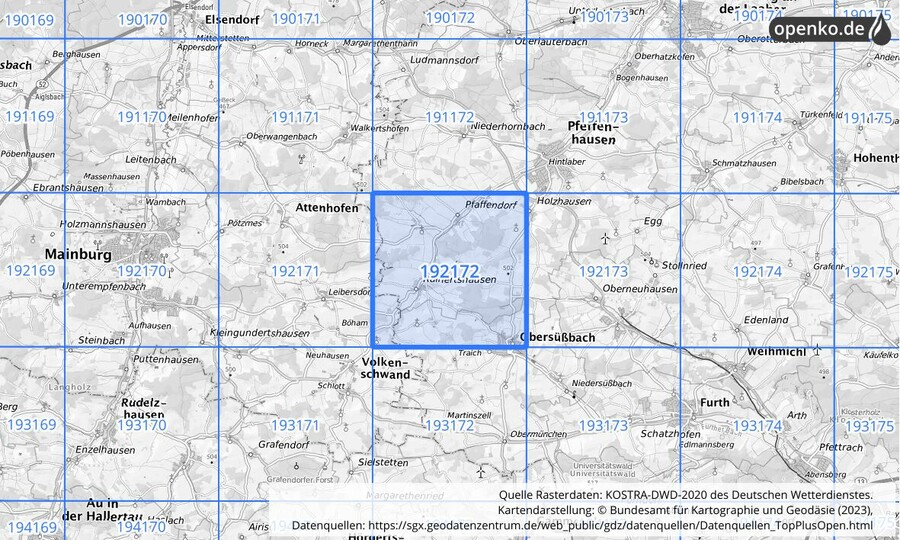 Übersichtskarte des KOSTRA-DWD-2020-Rasterfeldes Nr. 192172 Übersichtskarte des KOSTRA-DWD-2020-Rasterfeldes Nr. 192172