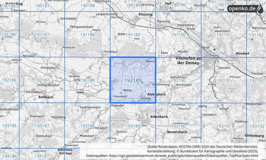 Übersichtskarte des KOSTRA-DWD-2020-Rasterfeldes Nr. 192189