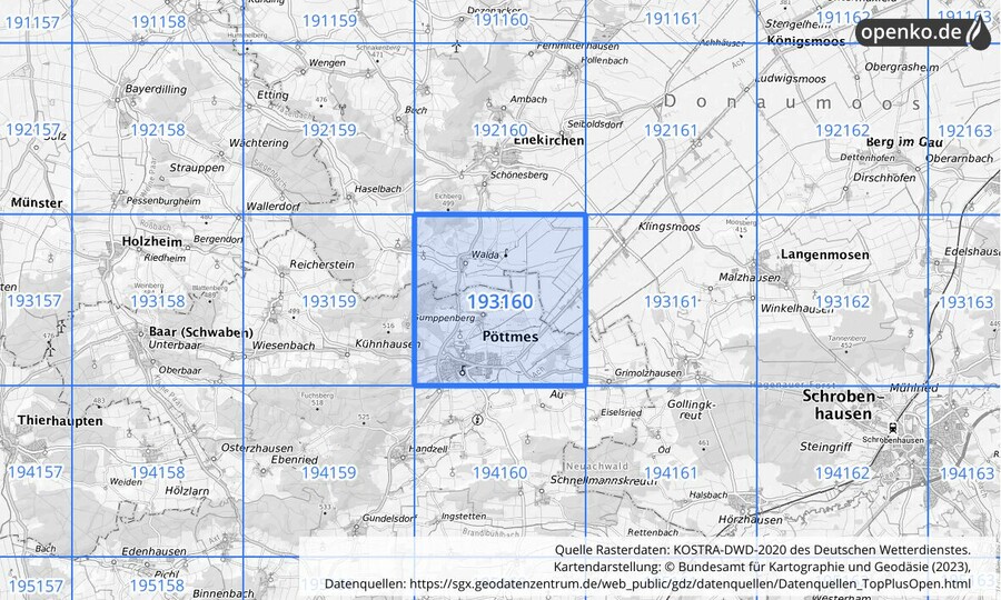 Übersichtskarte des KOSTRA-DWD-2020-Rasterfeldes Nr. 193160 Übersichtskarte des KOSTRA-DWD-2020-Rasterfeldes Nr. 193160
