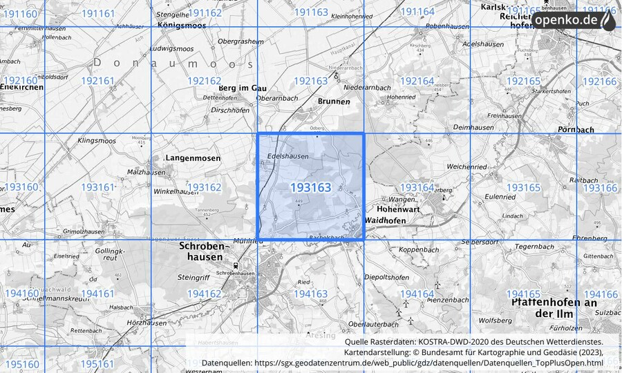 Übersichtskarte des KOSTRA-DWD-2020-Rasterfeldes Nr. 193163