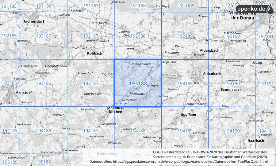 Übersichtskarte des KOSTRA-DWD-2020-Rasterfeldes Nr. 193188