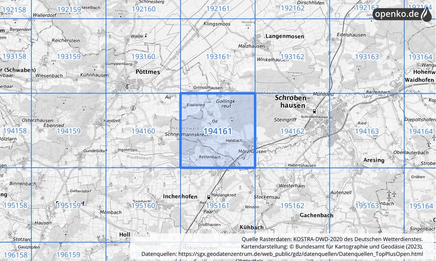 Übersichtskarte des KOSTRA-DWD-2020-Rasterfeldes Nr. 194161