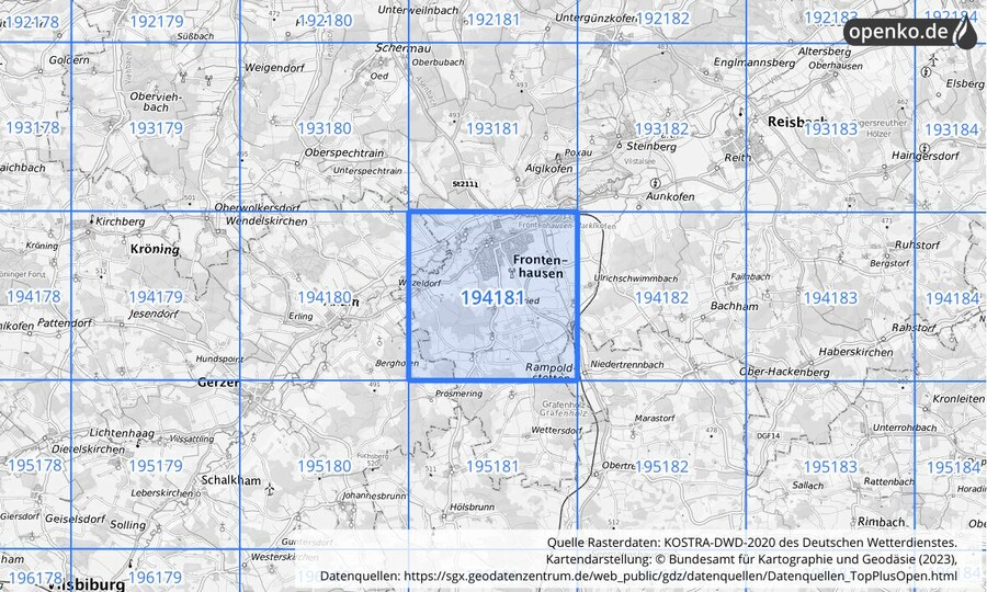 Übersichtskarte des KOSTRA-DWD-2020-Rasterfeldes Nr. 194181