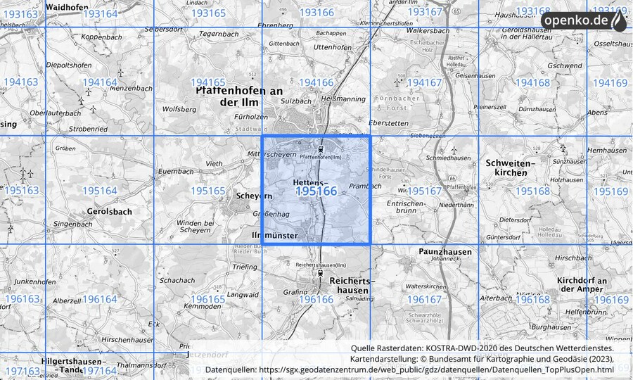 Übersichtskarte des KOSTRA-DWD-2020-Rasterfeldes Nr. 195166 Übersichtskarte des KOSTRA-DWD-2020-Rasterfeldes Nr. 195166