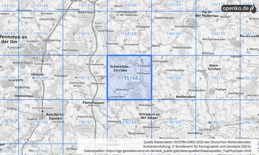 Übersichtskarte des KOSTRA-DWD-2020-Rasterfeldes Nr. 195168 Übersichtskarte des KOSTRA-DWD-2020-Rasterfeldes Nr. 195168