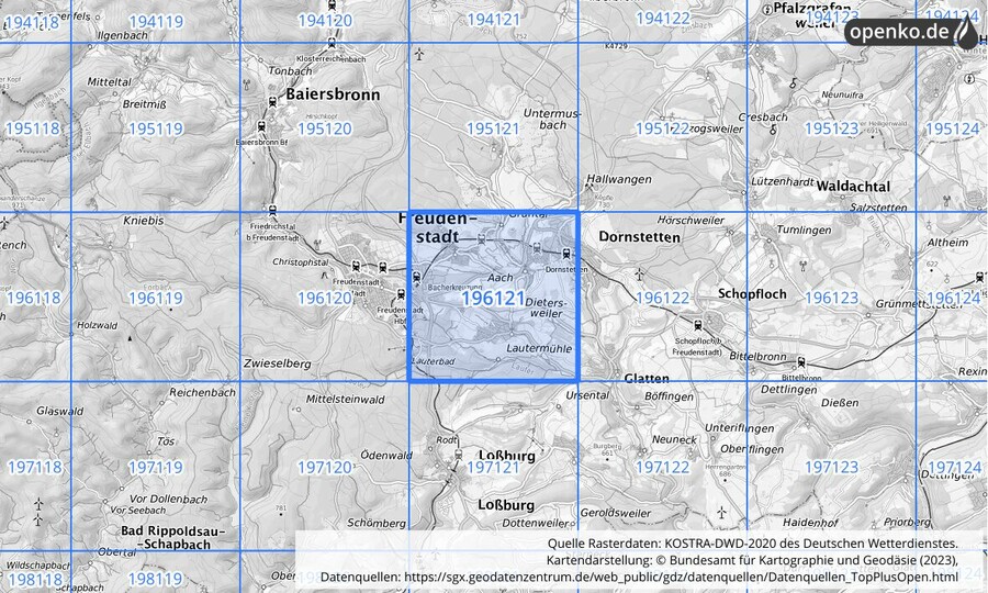 Übersichtskarte des KOSTRA-DWD-2020-Rasterfeldes Nr. 196121