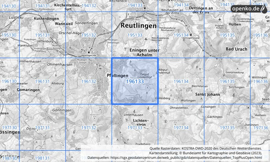 Übersichtskarte des KOSTRA-DWD-2020-Rasterfeldes Nr. 196133