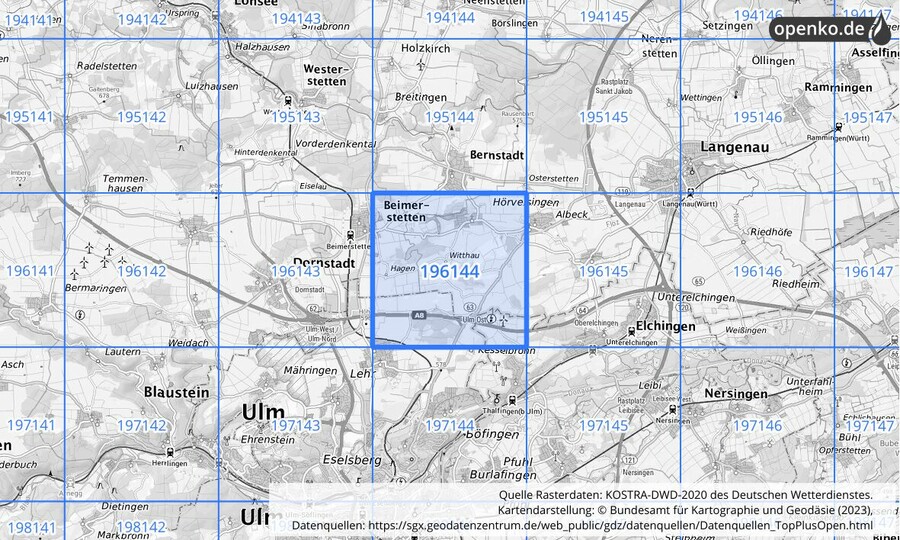 Übersichtskarte des KOSTRA-DWD-2020-Rasterfeldes Nr. 196144