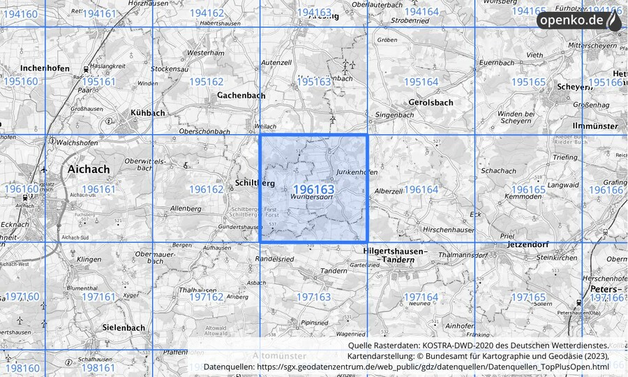 Übersichtskarte des KOSTRA-DWD-2020-Rasterfeldes Nr. 196163 Übersichtskarte des KOSTRA-DWD-2020-Rasterfeldes Nr. 196163
