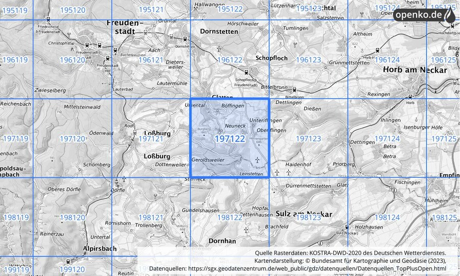 Übersichtskarte des KOSTRA-DWD-2020-Rasterfeldes Nr. 197122