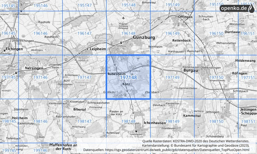 Übersichtskarte des KOSTRA-DWD-2020-Rasterfeldes Nr. 197148 Übersichtskarte des KOSTRA-DWD-2020-Rasterfeldes Nr. 197148