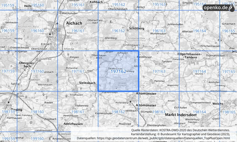 Übersichtskarte des KOSTRA-DWD-2020-Rasterfeldes Nr. 197162 Übersichtskarte des KOSTRA-DWD-2020-Rasterfeldes Nr. 197162