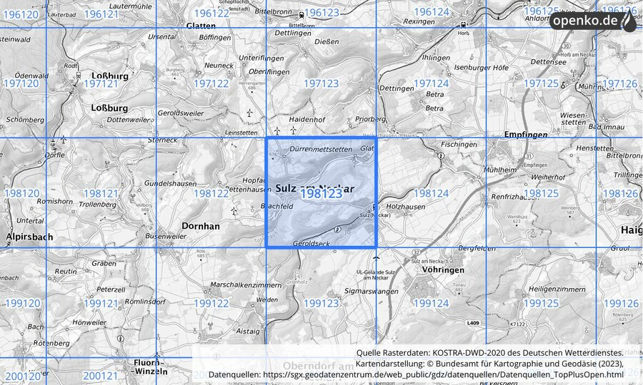 Übersichtskarte des KOSTRA-DWD-2020-Rasterfeldes Nr. 198123 Übersichtskarte des KOSTRA-DWD-2020-Rasterfeldes Nr. 198123