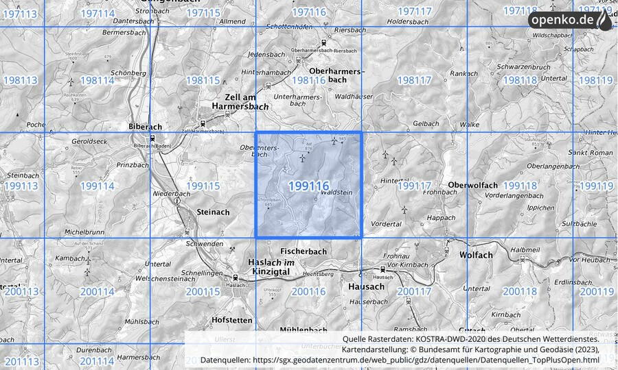 Übersichtskarte des KOSTRA-DWD-2020-Rasterfeldes Nr. 199116