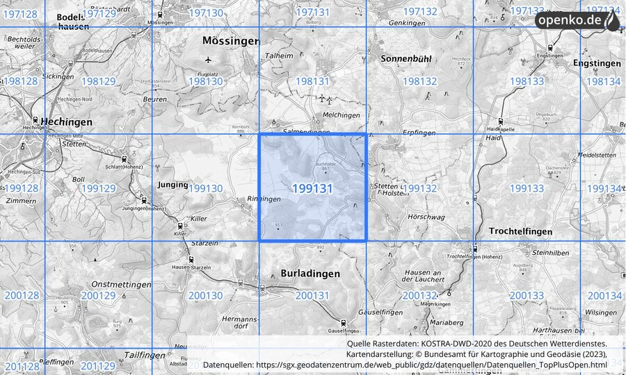 Übersichtskarte des KOSTRA-DWD-2020-Rasterfeldes Nr. 199131 Übersichtskarte des KOSTRA-DWD-2020-Rasterfeldes Nr. 199131