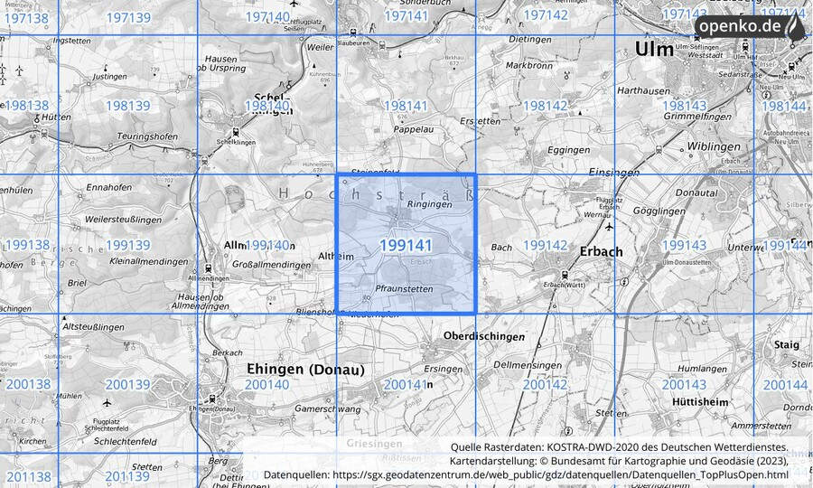 Übersichtskarte des KOSTRA-DWD-2020-Rasterfeldes Nr. 199141