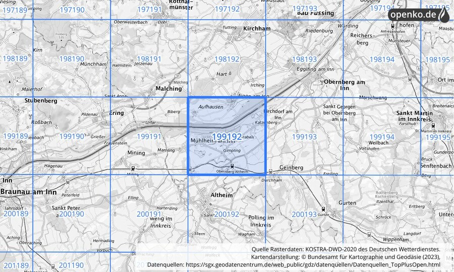 Übersichtskarte des KOSTRA-DWD-2020-Rasterfeldes Nr. 199192
