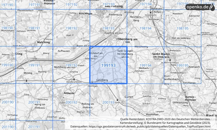 Übersichtskarte des KOSTRA-DWD-2020-Rasterfeldes Nr. 199193