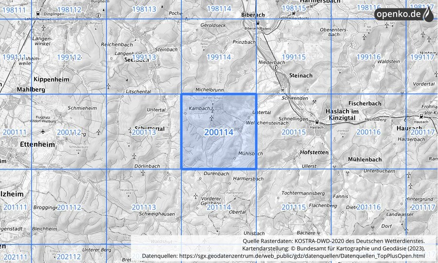 Übersichtskarte des KOSTRA-DWD-2020-Rasterfeldes Nr. 200114