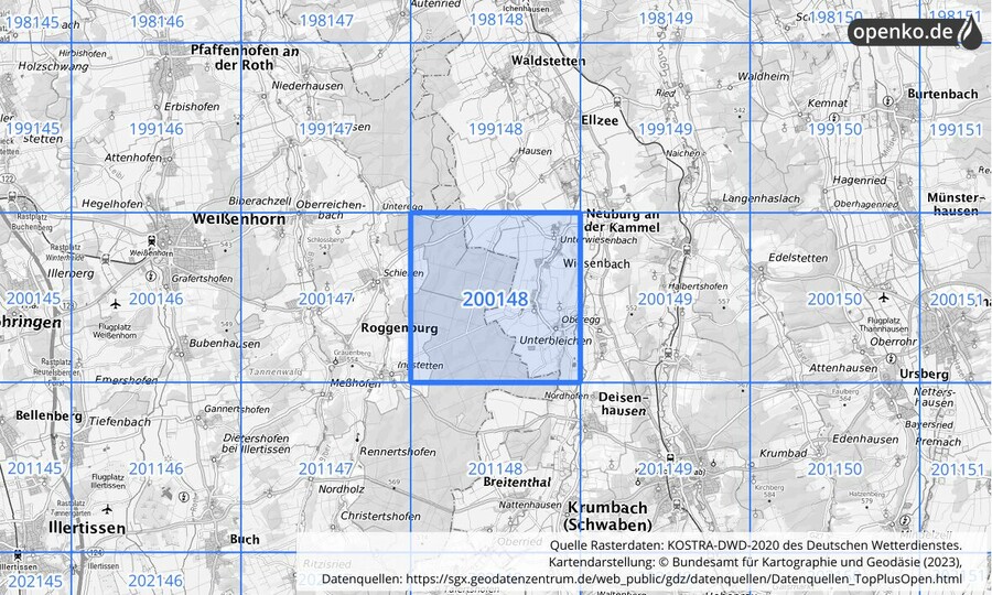 Übersichtskarte des KOSTRA-DWD-2020-Rasterfeldes Nr. 200148