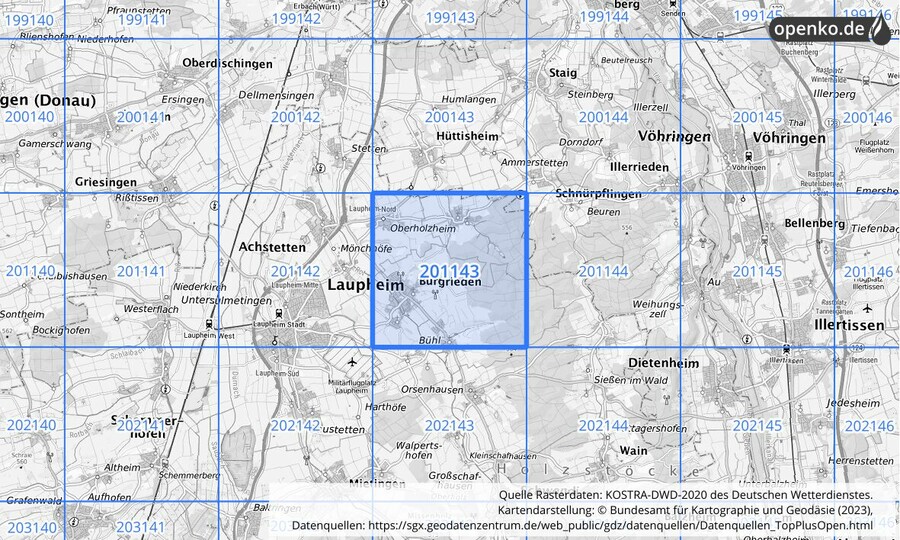 Übersichtskarte des KOSTRA-DWD-2020-Rasterfeldes Nr. 201143