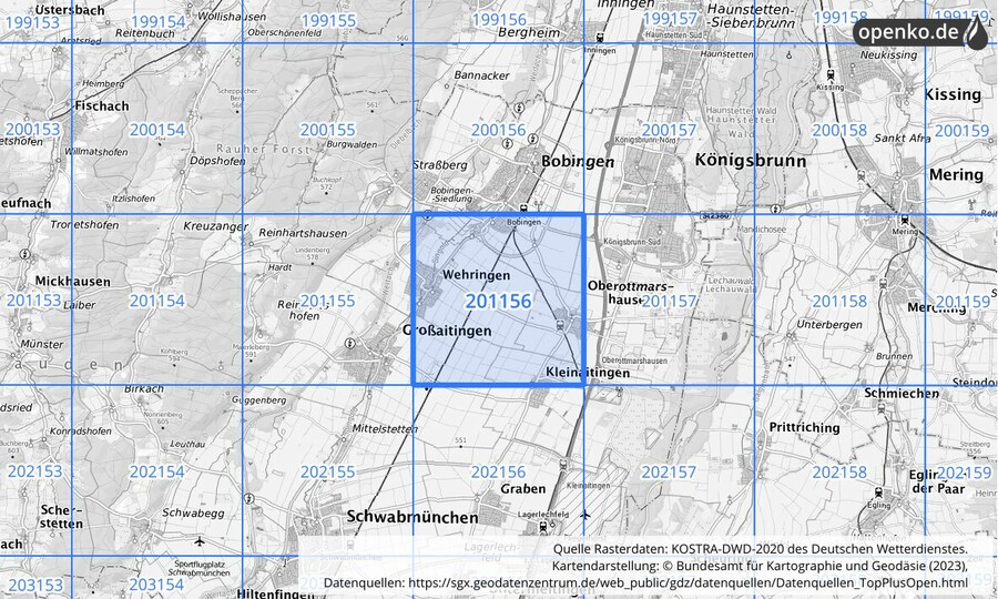 Übersichtskarte des KOSTRA-DWD-2020-Rasterfeldes Nr. 201156