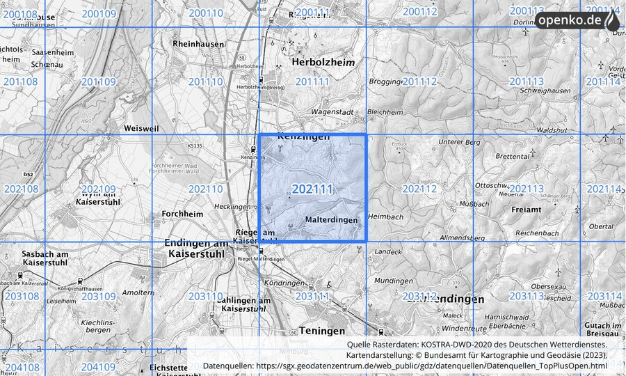 Übersichtskarte des KOSTRA-DWD-2020-Rasterfeldes Nr. 202111