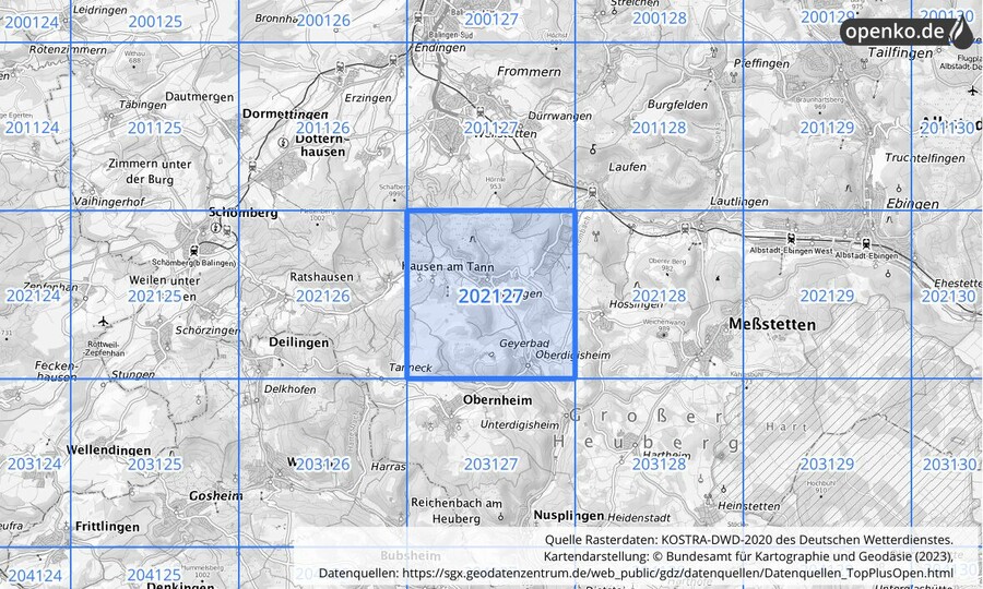 Übersichtskarte des KOSTRA-DWD-2020-Rasterfeldes Nr. 202127