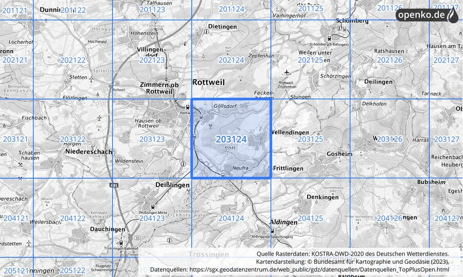 Übersichtskarte des KOSTRA-DWD-2020-Rasterfeldes Nr. 203124