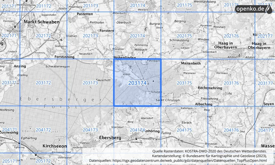 Übersichtskarte des KOSTRA-DWD-2020-Rasterfeldes Nr. 203174