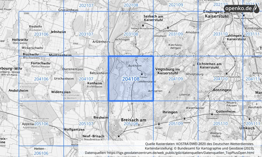 Übersichtskarte des KOSTRA-DWD-2020-Rasterfeldes Nr. 204108 Übersichtskarte des KOSTRA-DWD-2020-Rasterfeldes Nr. 204108