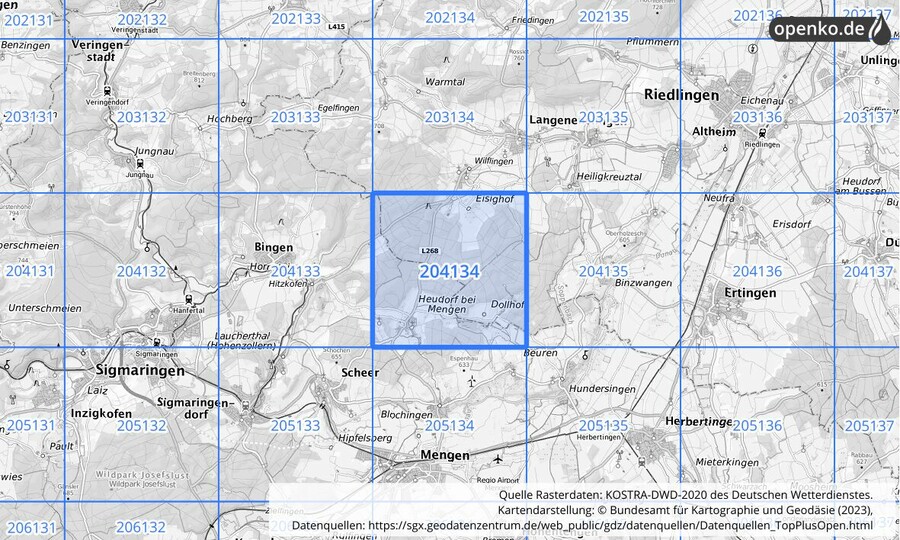 Übersichtskarte des KOSTRA-DWD-2020-Rasterfeldes Nr. 204134