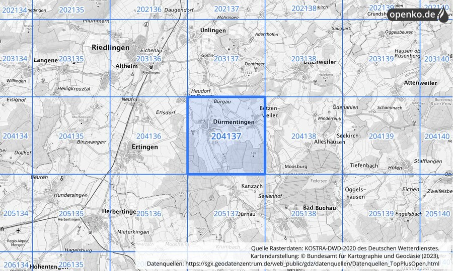 Übersichtskarte des KOSTRA-DWD-2020-Rasterfeldes Nr. 204137
