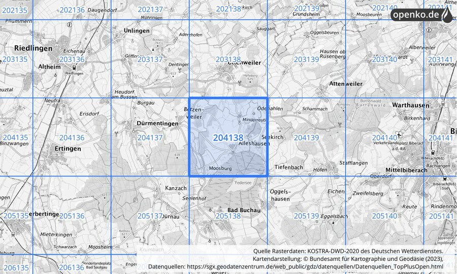 Übersichtskarte des KOSTRA-DWD-2020-Rasterfeldes Nr. 204138