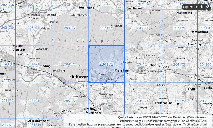 Übersichtskarte des KOSTRA-DWD-2020-Rasterfeldes Nr. 204173