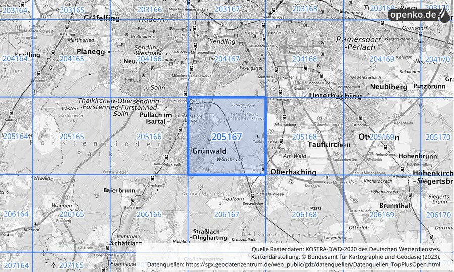 Übersichtskarte des KOSTRA-DWD-2020-Rasterfeldes Nr. 205167