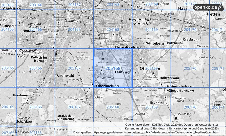 Übersichtskarte des KOSTRA-DWD-2020-Rasterfeldes Nr. 205168