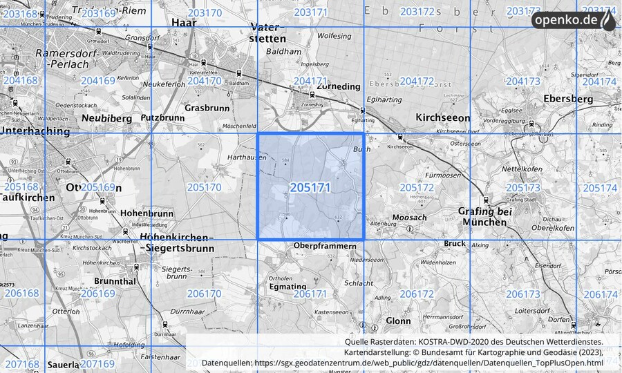 Übersichtskarte des KOSTRA-DWD-2020-Rasterfeldes Nr. 205171