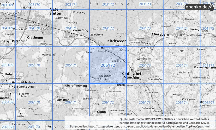 Übersichtskarte des KOSTRA-DWD-2020-Rasterfeldes Nr. 205172