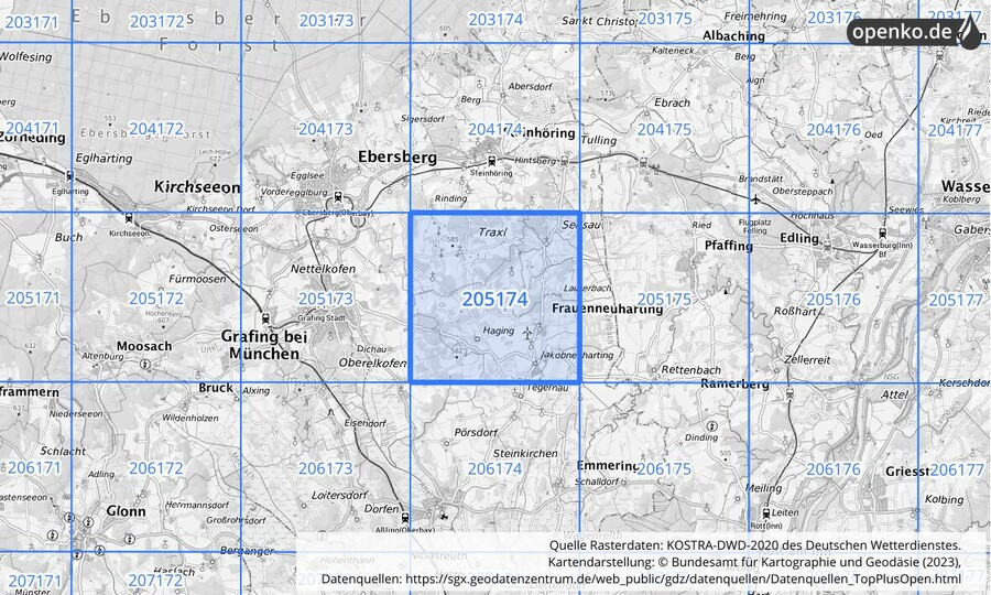 Übersichtskarte des KOSTRA-DWD-2020-Rasterfeldes Nr. 205174