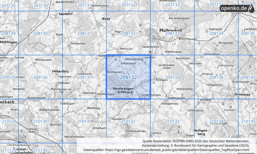 Übersichtskarte des KOSTRA-DWD-2020-Rasterfeldes Nr. 209132