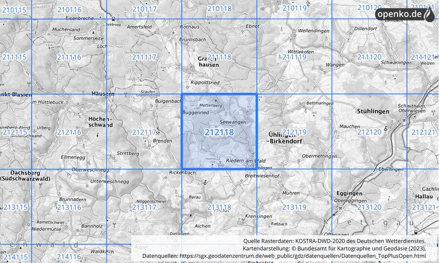 Übersichtskarte des KOSTRA-DWD-2020-Rasterfeldes Nr. 212118