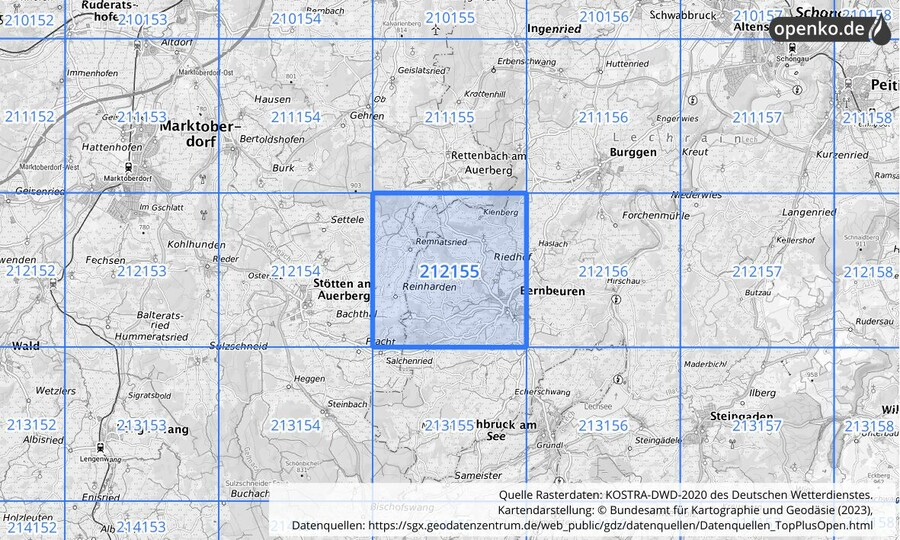 Übersichtskarte des KOSTRA-DWD-2020-Rasterfeldes Nr. 212155