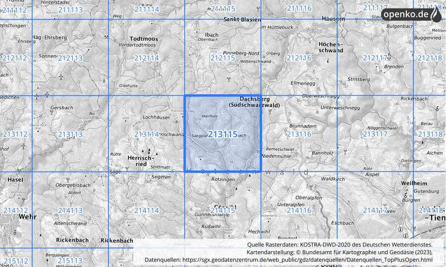 Übersichtskarte des KOSTRA-DWD-2020-Rasterfeldes Nr. 213115