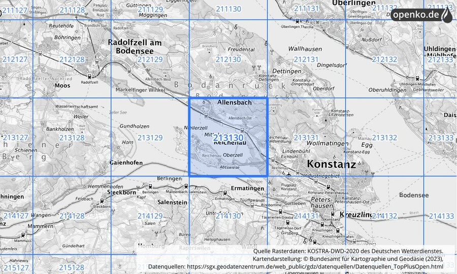 Übersichtskarte des KOSTRA-DWD-2020-Rasterfeldes Nr. 213130