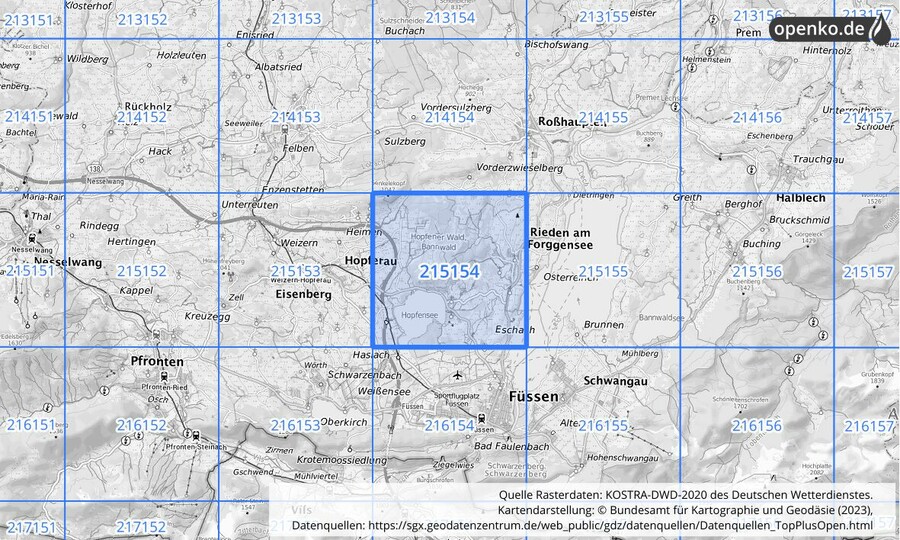 Übersichtskarte des KOSTRA-DWD-2020-Rasterfeldes Nr. 215154