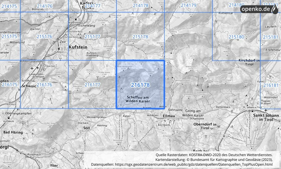 Übersichtskarte des KOSTRA-DWD-2020-Rasterfeldes Nr. 216178