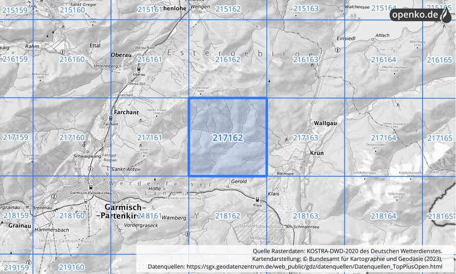Übersichtskarte des KOSTRA-DWD-2020-Rasterfeldes Nr. 217162