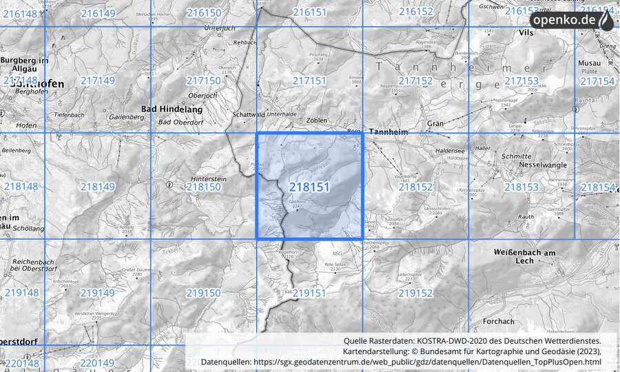 Übersichtskarte des KOSTRA-DWD-2020-Rasterfeldes Nr. 218151