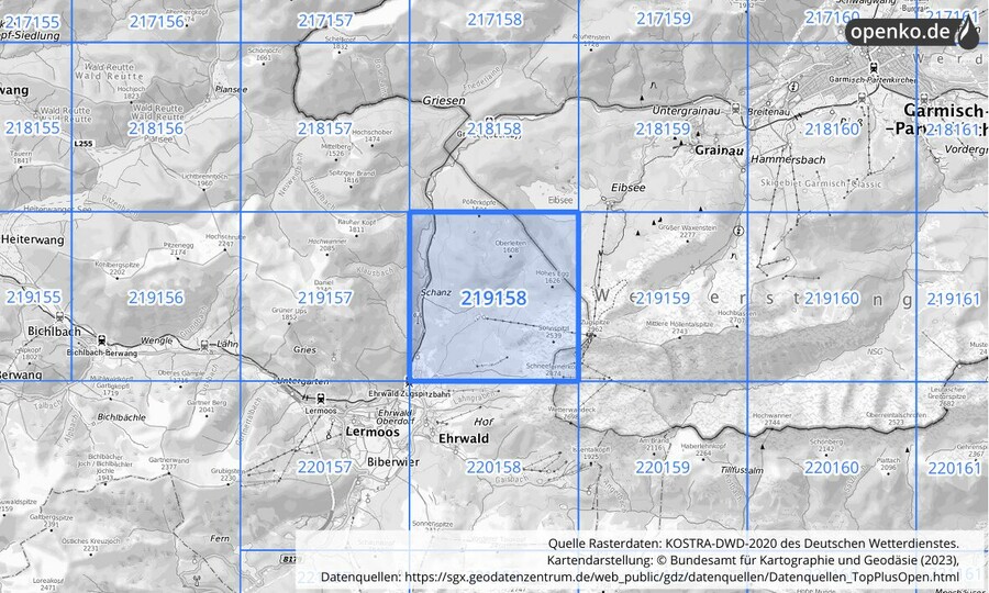 Übersichtskarte des KOSTRA-DWD-2020-Rasterfeldes Nr. 219158